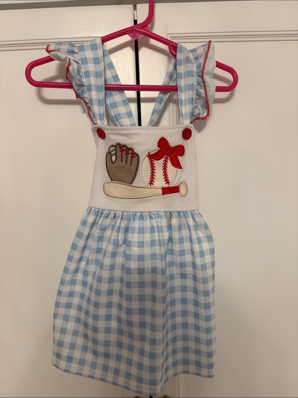 Isla Grace Blue Gingham Baseball Appliqué Girls' Dress 2T